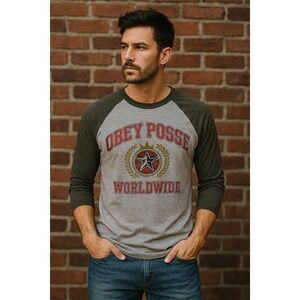Obey Posse Worldwide Mens‎ Raglan Baseball Graphic T-Shirt Grey Medium CA26912